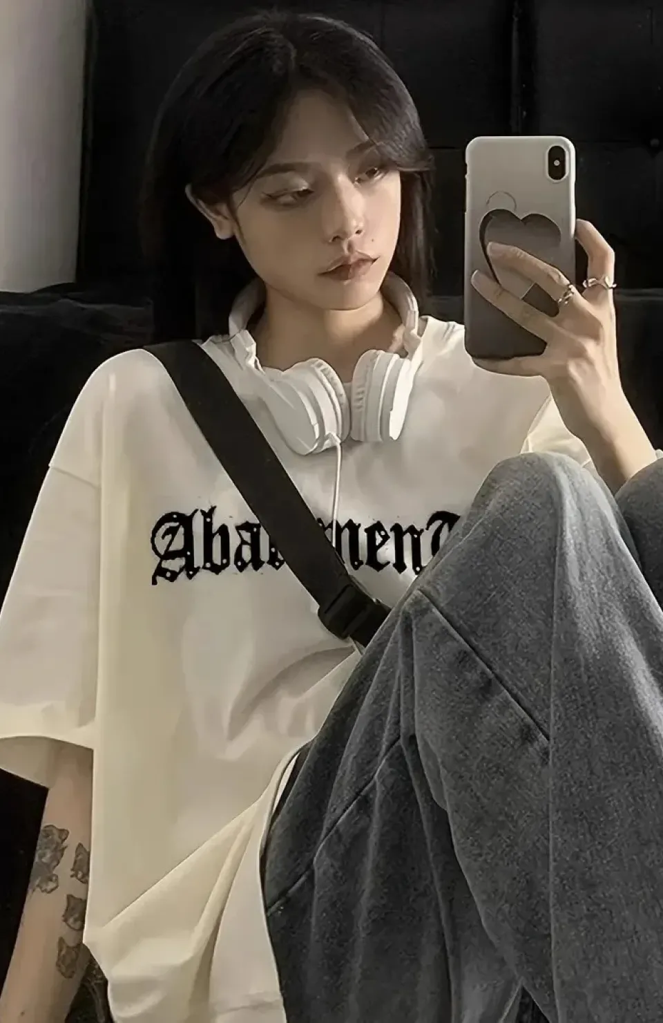 Örümcek Ağı Desenli Baskılı Oversize Bisiklet Yaka T-shirt  - Beyaz