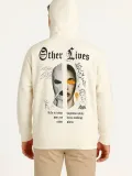 Erkek Kapşonlu Sweatshirt – Oversize Üç İplik Şardonlu Hoodie, “Other Lives” Ön & Arka Baskılı, Kanguru Cepli, Kışlık Rahat Günlük Stil - Beyaz