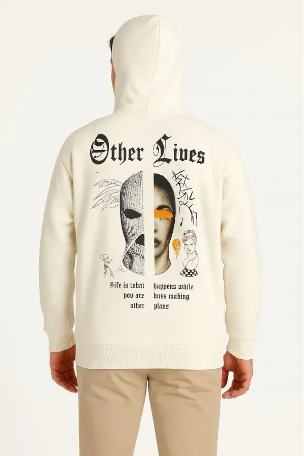 Erkek Kapşonlu Sweatshirt – Oversize Üç İplik Şardonlu Hoodie, “Other Lives” Ön & Arka Baskılı, Kanguru Cepli, Kışlık Rahat Günlük Stil - Beyaz