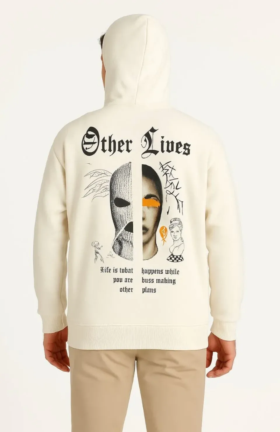 Erkek Kapşonlu Sweatshirt – Oversize Üç İplik Şardonlu Hoodie, “Other Lives” Ön & Arka Baskılı, Kanguru Cepli, Kışlık Rahat Günlük Stil - Beyaz