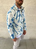 Erkek Tam Fermuarlı Desenli Polar Sweat Lightning Desen Yakalı, Uzun Kollu, Oversize Rahat Kalıp - Beyaz