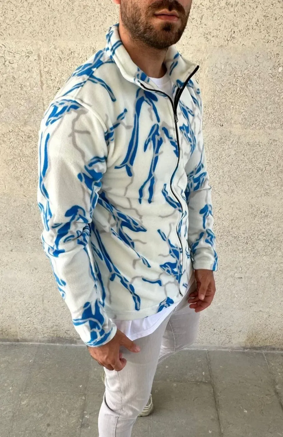 Erkek Tam Fermuarlı Desenli Polar Sweat Lightning Desen Yakalı, Uzun Kollu, Oversize Rahat Kalıp - Beyaz