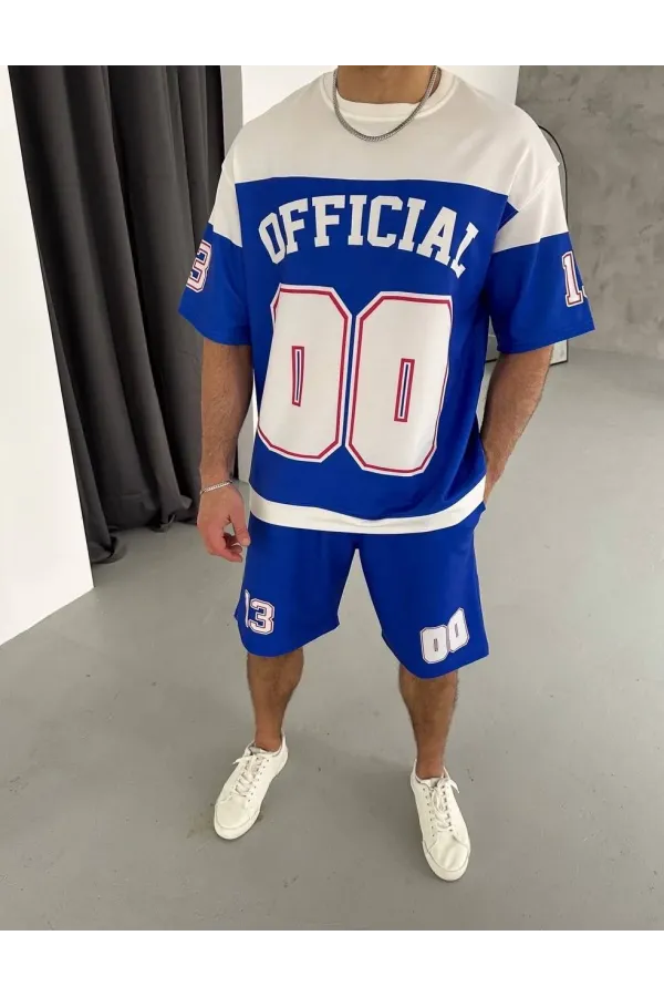 Erkek Şortlu Takım – Oversize İki İplik Kumaş, Ön & Arka Dijital Baskılı Tişört ve Lastikli Cepli Şort, Yazlık Günlük Spor Set - Mavi