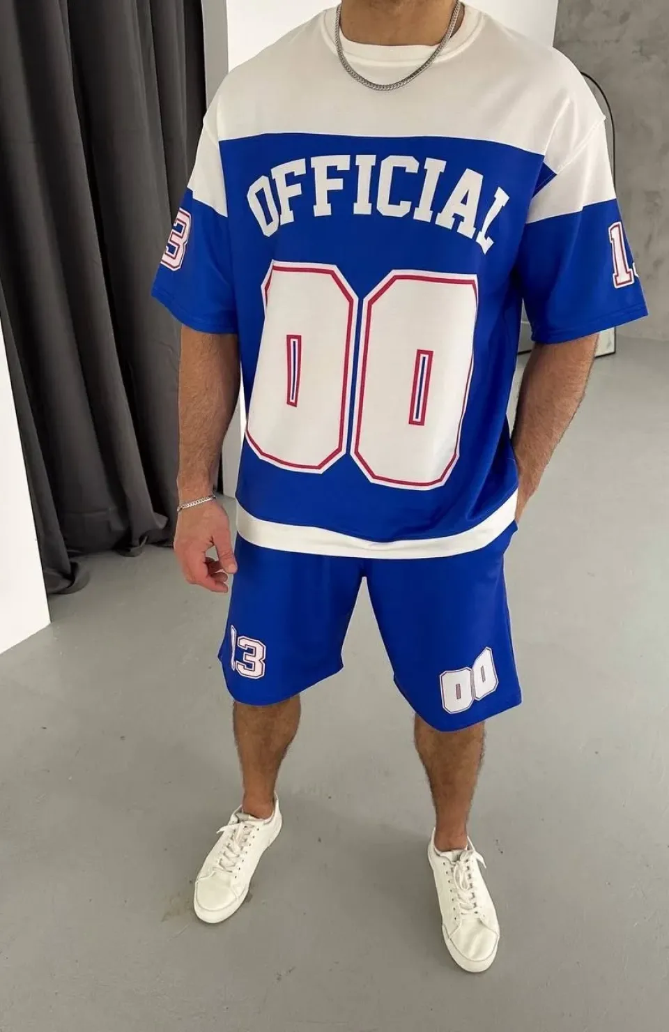 Erkek Şortlu Takım – Oversize İki İplik Kumaş, Ön & Arka Dijital Baskılı Tişört ve Lastikli Cepli Şort, Yazlık Günlük Spor Set - Mavi