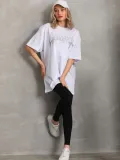 Unisex Taş Desenli Oversize T-Shirt - Beyaz