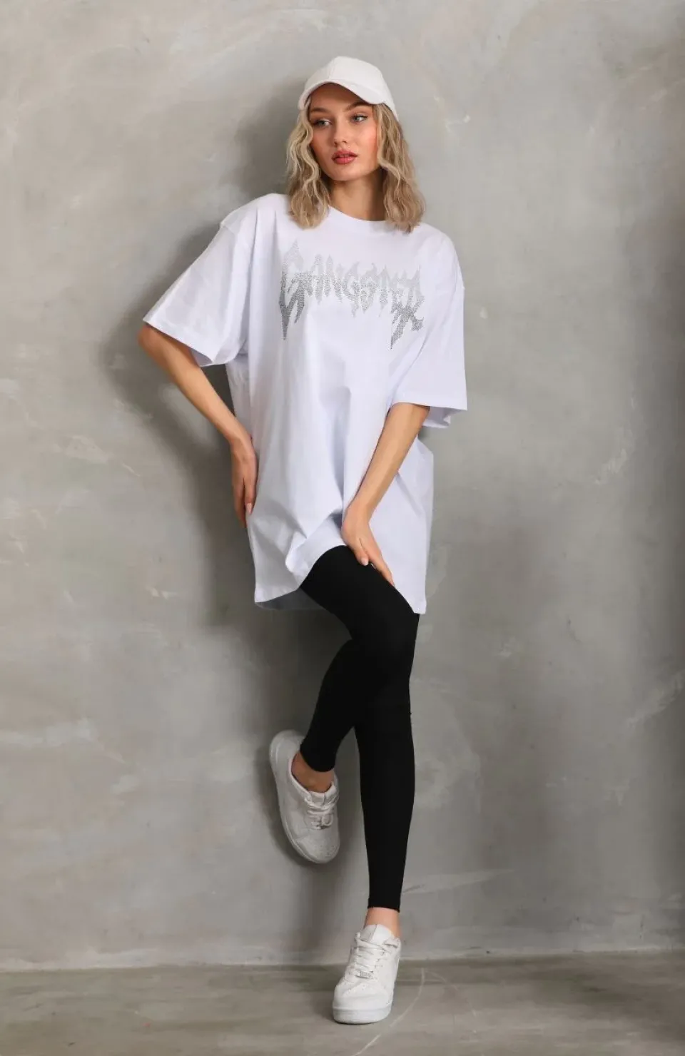 Unisex Taş Desenli Oversize T-Shirt - Beyaz