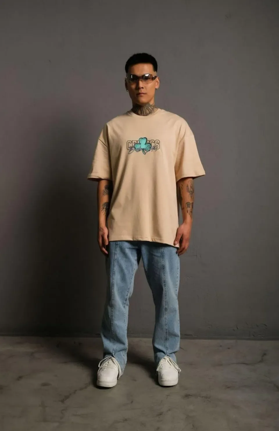 Erkek Sırt Baskılı T-shirt - Bej