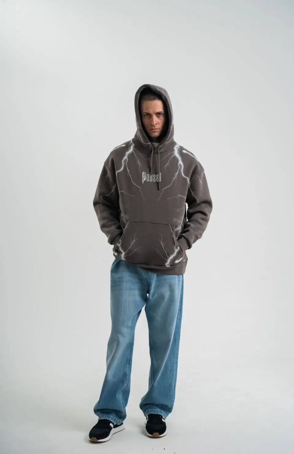 Double Oversize Kapşonlu Şimşek Pano Baskılı SweatShirt - Füme