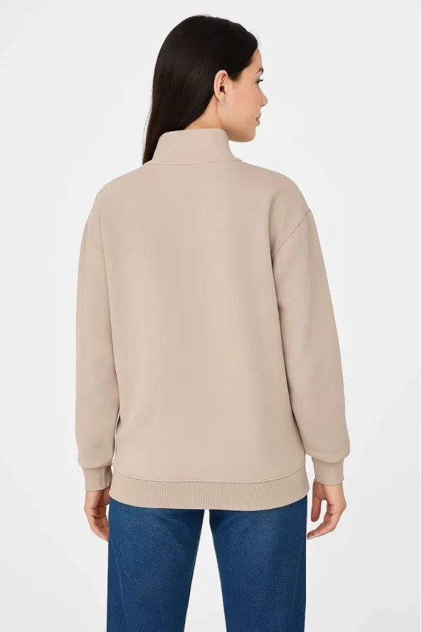 Kadın Üç İplik Dık Yaka Yarım Fermuarlı SweatShirt - Bej