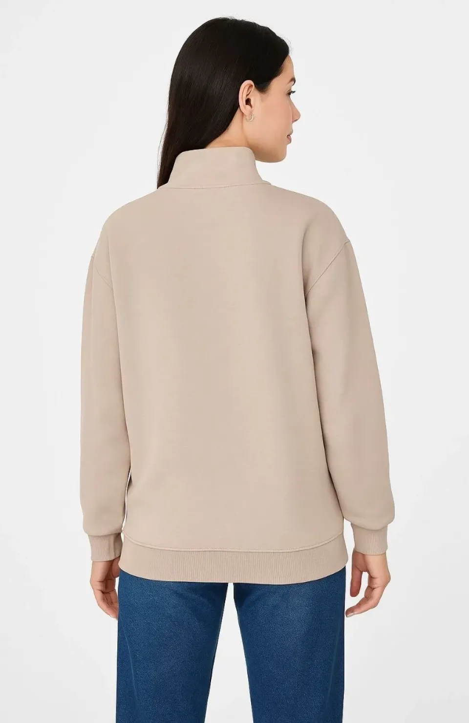 Kadın Üç İplik Dık Yaka Yarım Fermuarlı SweatShirt - Bej