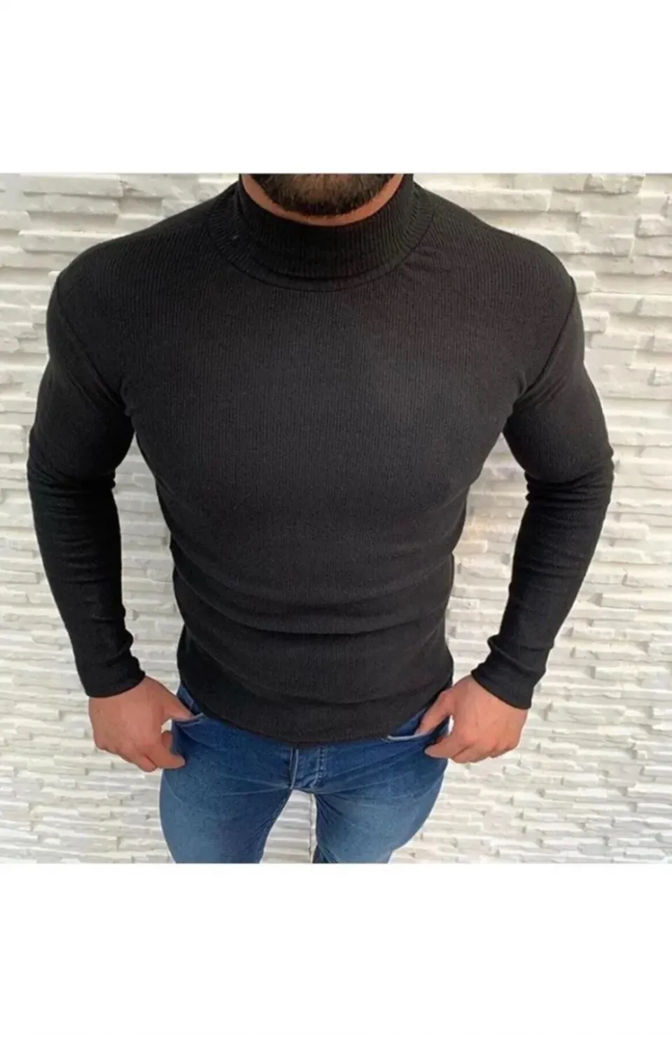 Erkek Kaşkorse Boğazlı Full Likralı Fitilli Body Kazak - Siyah Somersan Giyim | Kadın, Erkek ve Çocuk Moda