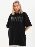 Unisex Taş Desenli Oversize T-Shirt - Siyah