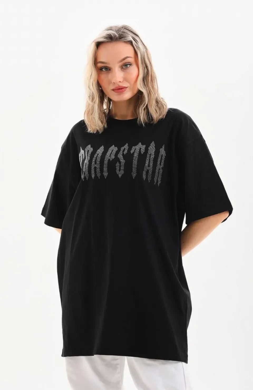 Unisex Taş Desenli Oversize T-Shirt - Siyah