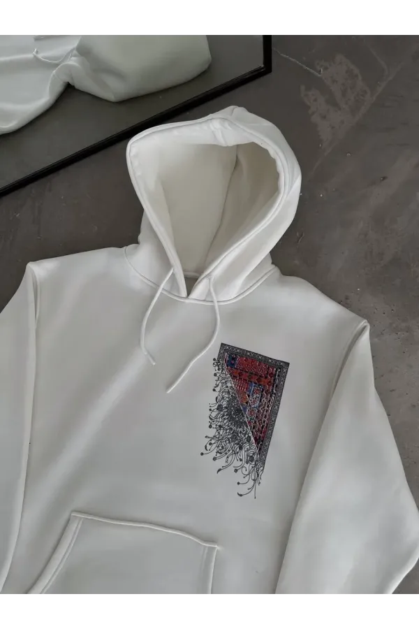 Uzun Kol Kapüşonlu Ön Ve Arka Baskılı SweatShirt - Beyaz