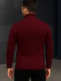 Erkek Balıkcı Yaka Bağazlı Triko Kazak Pamuklu Kalın Fitilli Dokuma, Regular Fit Uzun Kollu Kışlık Model - Bordo