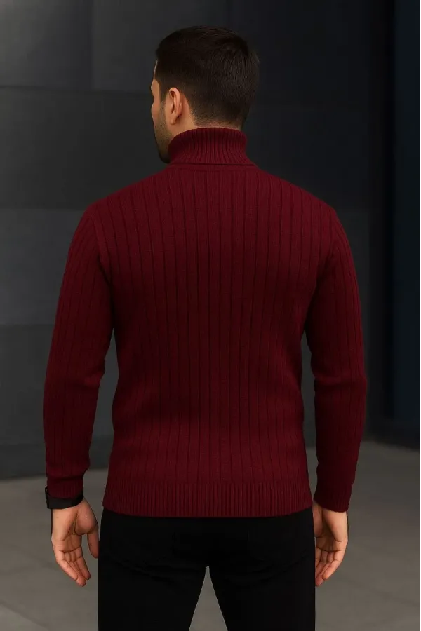 Erkek Balıkcı Yaka Bağazlı Triko Kazak Pamuklu Kalın Fitilli Dokuma, Regular Fit Uzun Kollu Kışlık Model - Bordo