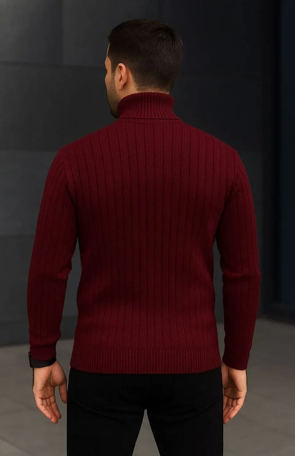 Erkek Balıkcı Yaka Bağazlı Triko Kazak Pamuklu Kalın Fitilli Dokuma, Regular Fit Uzun Kollu Kışlık Model - Bordo