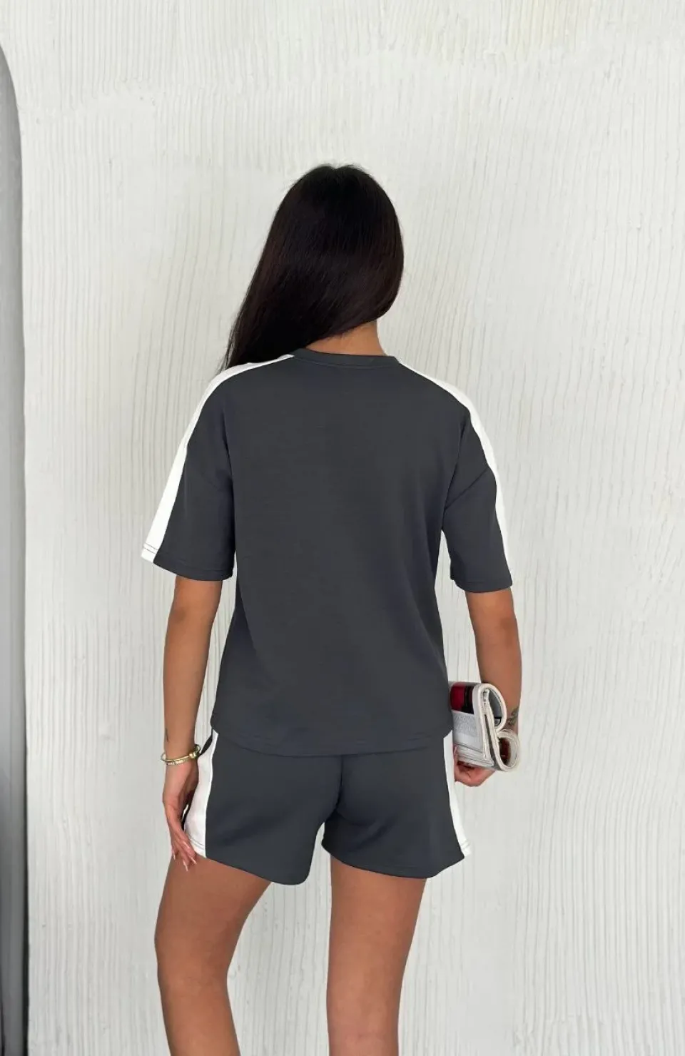 Osy Modal yumuşak dokulu Kumaş Kadın Parçalı Bisiklet Yaka T-shirt Kısa Şort İkili Takım - Antrasit