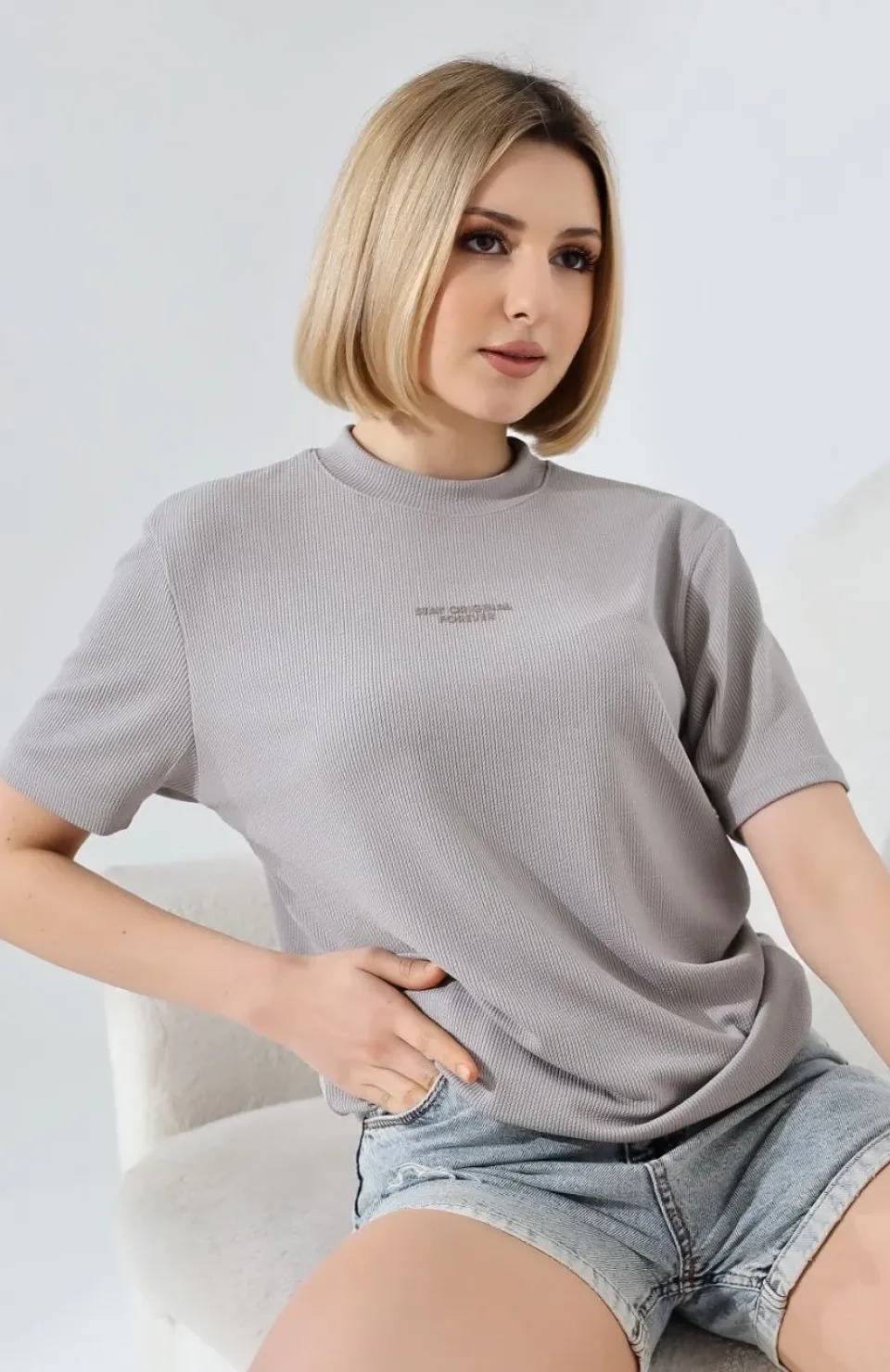 Unisex Bisiklet Yaka Baskılı Slim Fit T-Shirt - Boyalı Gri