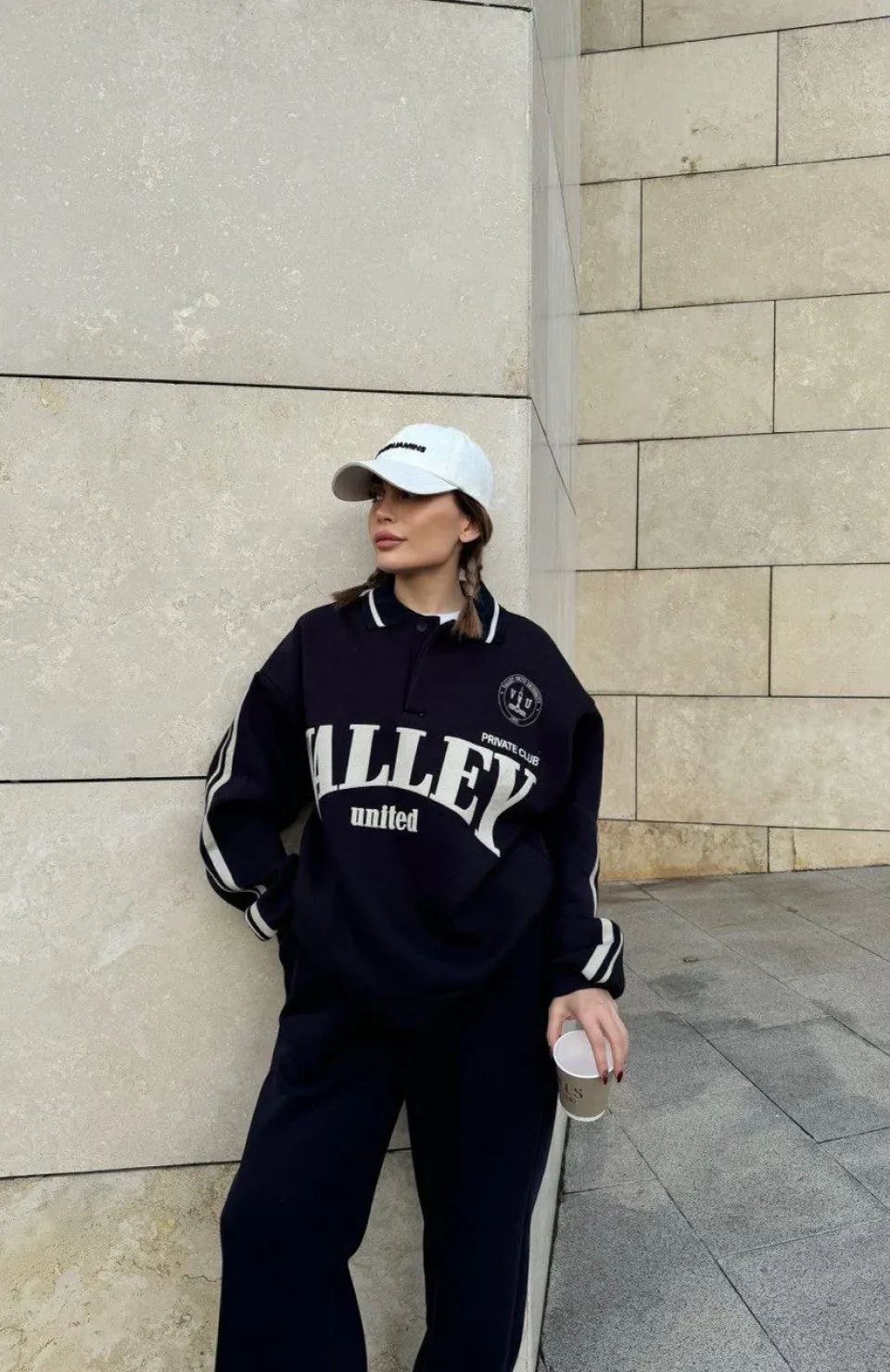 Üç İplik Yakalı Sweat Baggy Pantalonlu Takım - Siyah