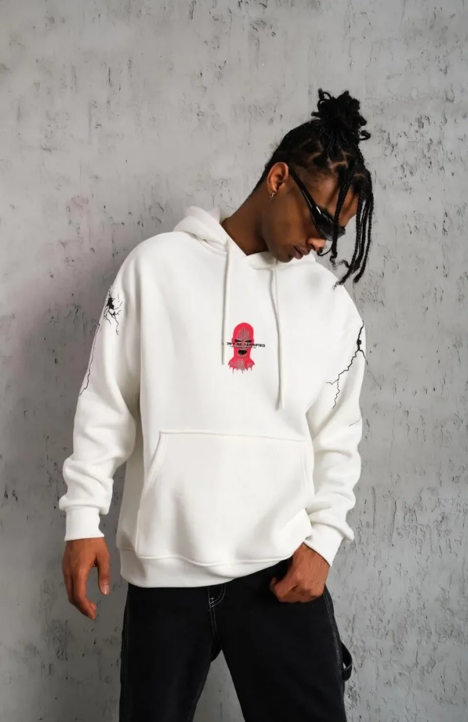 Erkek Maske Baskılı Kapüşonlu Sweat - Beyaz