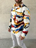 Erkek Yarım Fermuarlı Desenli Polar Sweat – Renkli Abstract Desen Yakalı, Uzun Kollu, Oversize Rahat Kalıp, - Beyaz