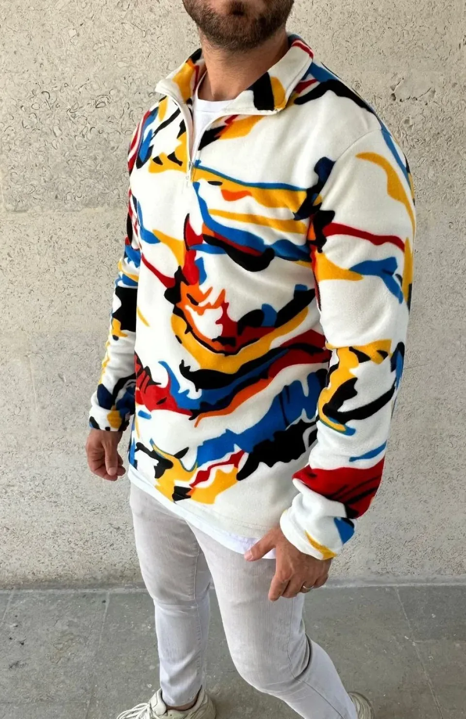 Erkek Yarım Fermuarlı Desenli Polar Sweat – Renkli Abstract Desen Yakalı, Uzun Kollu, Oversize Rahat Kalıp, - Beyaz