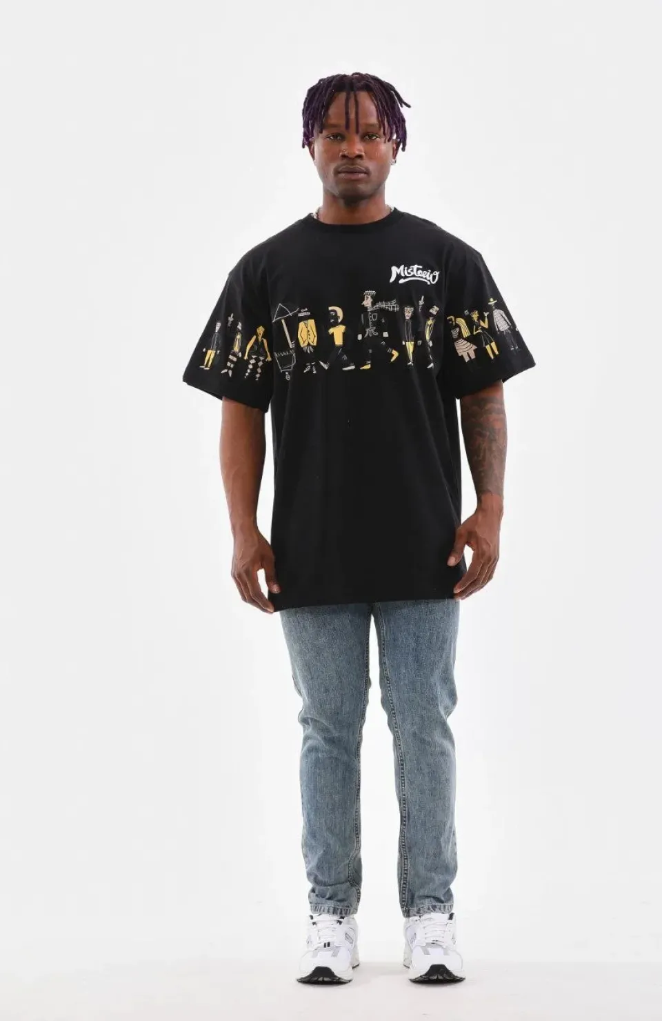 Unisex Bisiklet Yaka Baskılı Oversize T-Shirt - Siyah