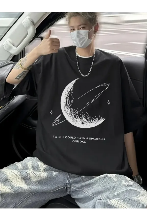 Erkekler için Siyah Tişört Grafik Genç Emo Vintage Gotik Rahat Büyük Beden Kısa Kollu Tişört Giysi Üst- Siyah