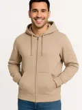Erkek Üç İplik Kapüşonlu Tam Fermuarlı Kanguru Çepli SweatShirt Hoodie - Bej