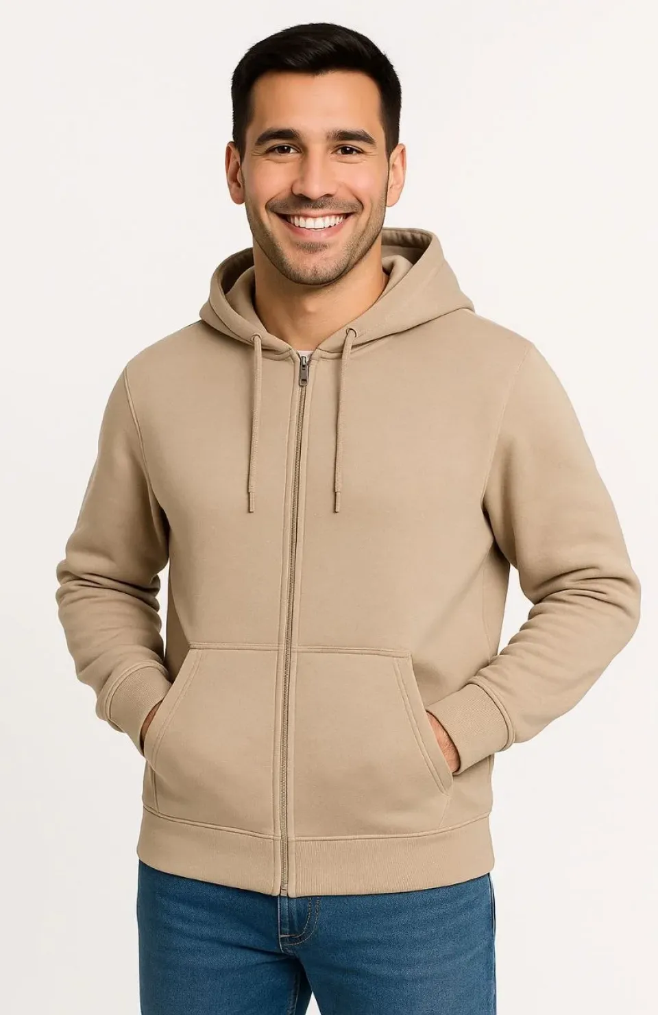 Erkek Üç İplik Kapüşonlu Tam Fermuarlı Kanguru Çepli SweatShirt Hoodie - Bej