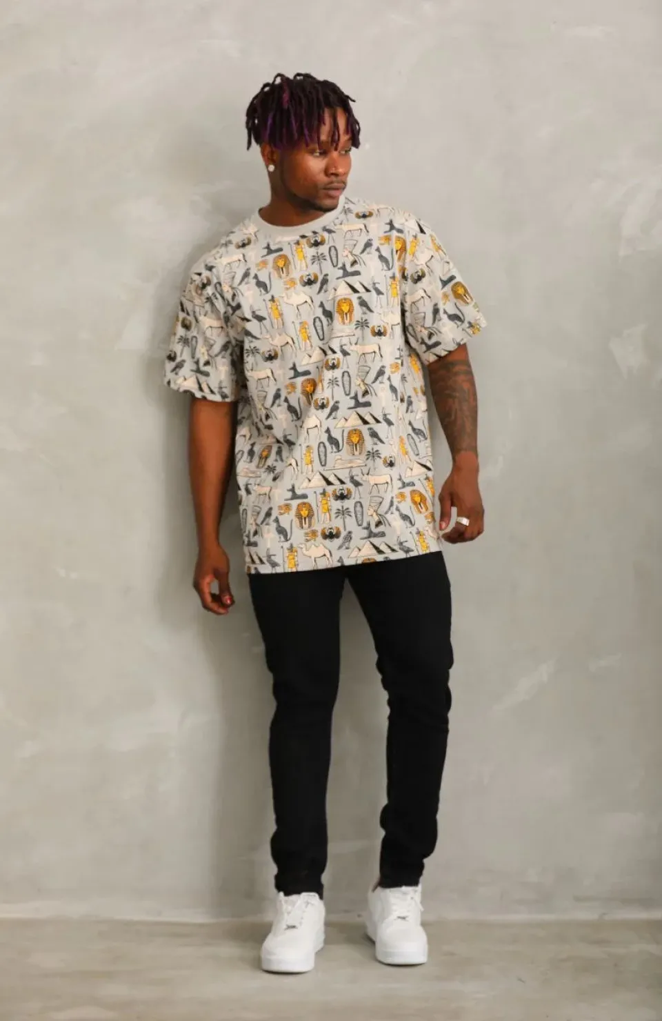 Unisex Oversize Baskılı Bisiklet Yaka T-Shirt - Gri