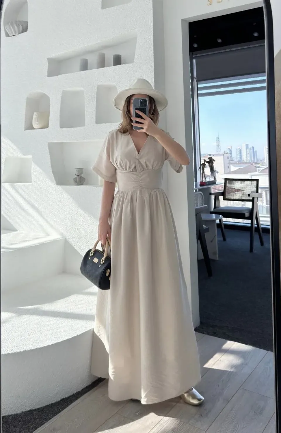 Kısa Kollu Uzun Elbise - Kırık Beyaz