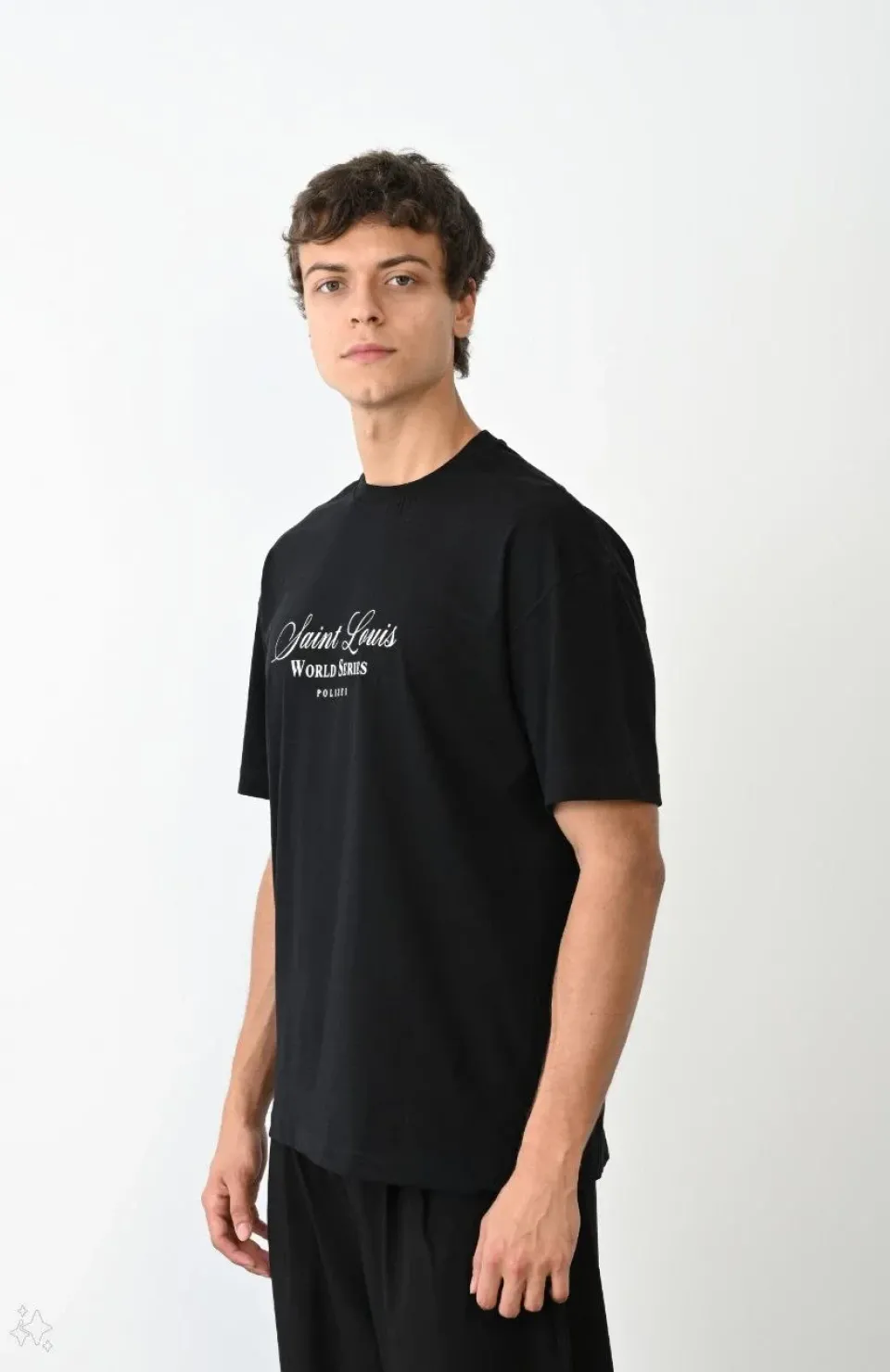 Unisex Bisiklet Yaka Baskılı Oversize T-Shirt - Siyah