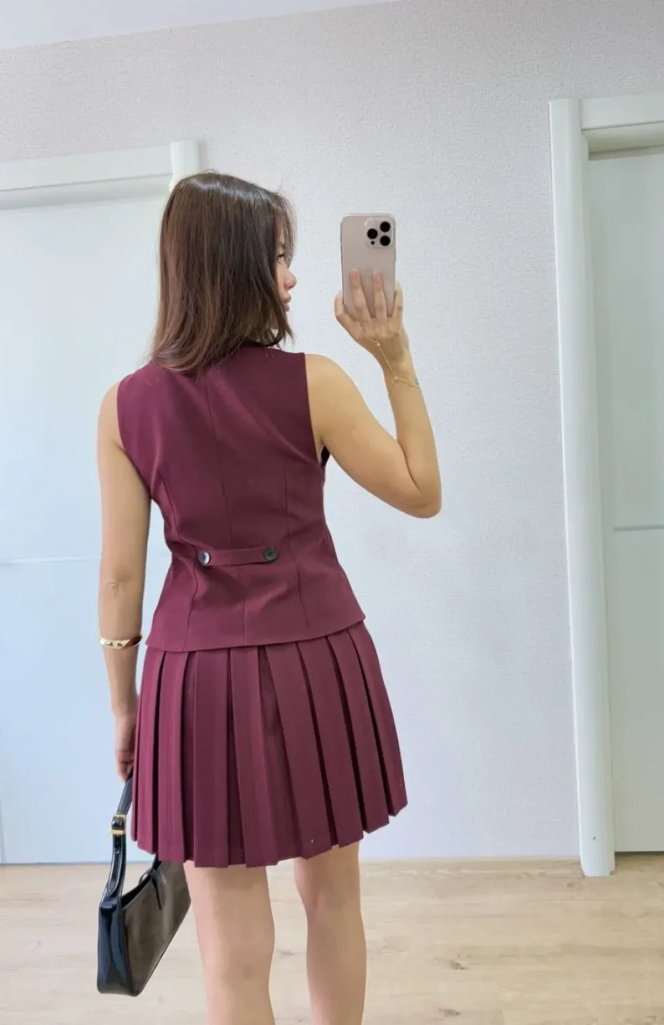 Keten Takım Görünümlü Düğme Detaylı Yelekli Mini Elbise - Bordo