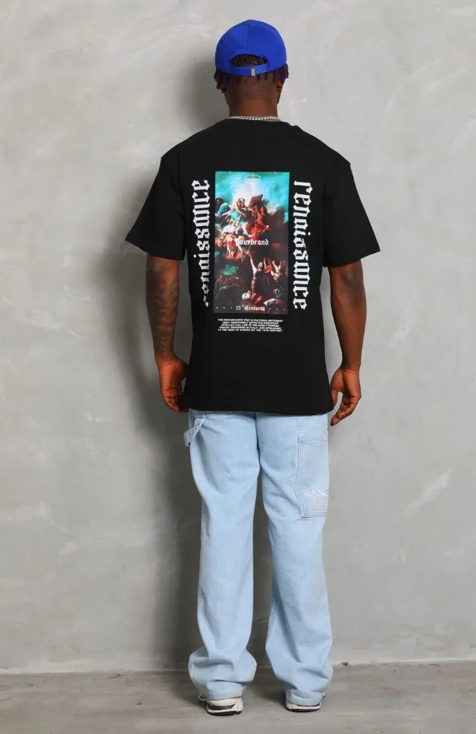 Unisex Oversize Baskılı Bisiklet Yaka T-Shirt - Siyah