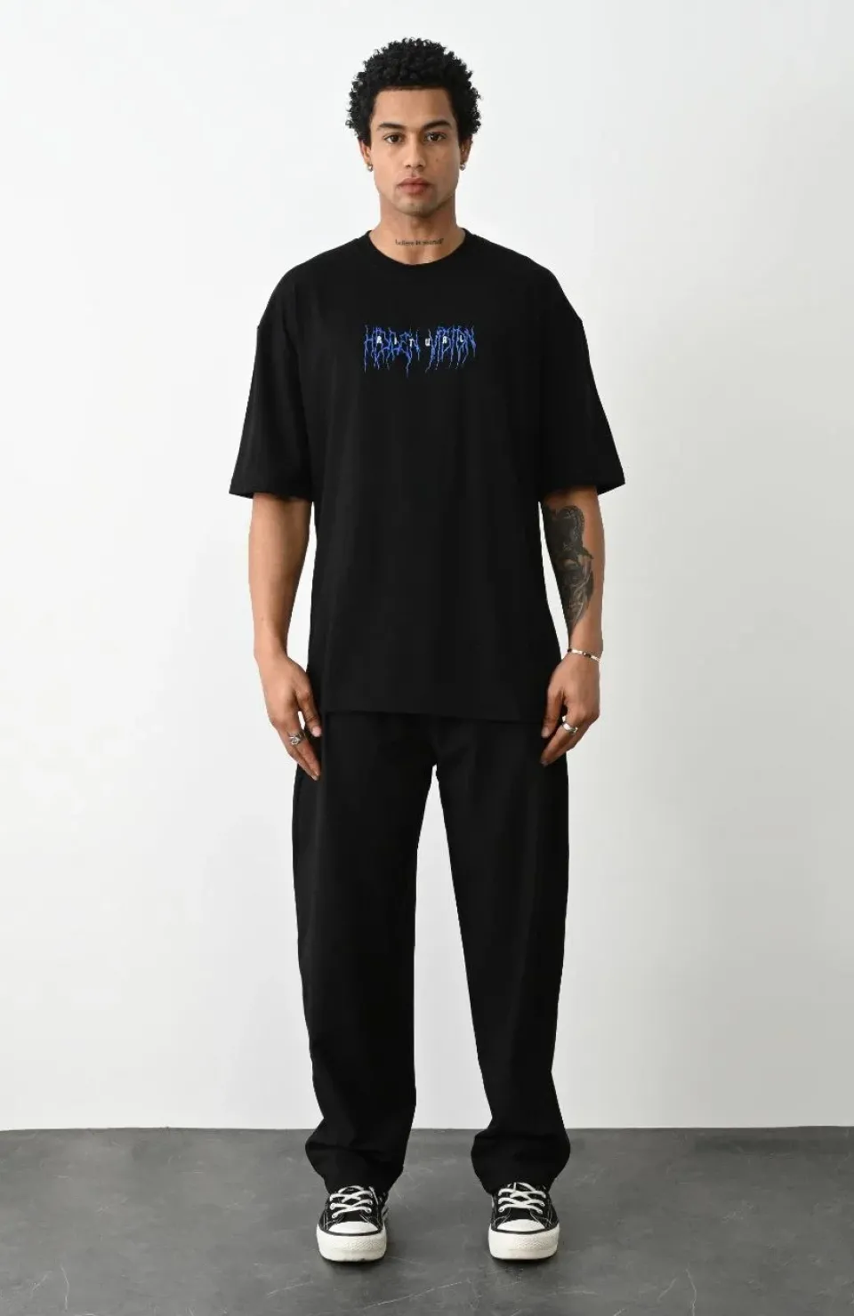 Unisex Baskılı Oversize T-Shirt - Siyah