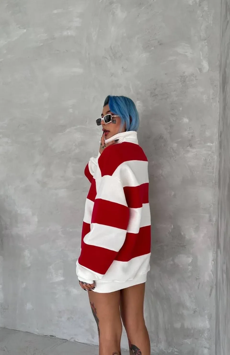 Unisex Üç İplik Parçalı Yakalı SweatShirt - Kırmızı