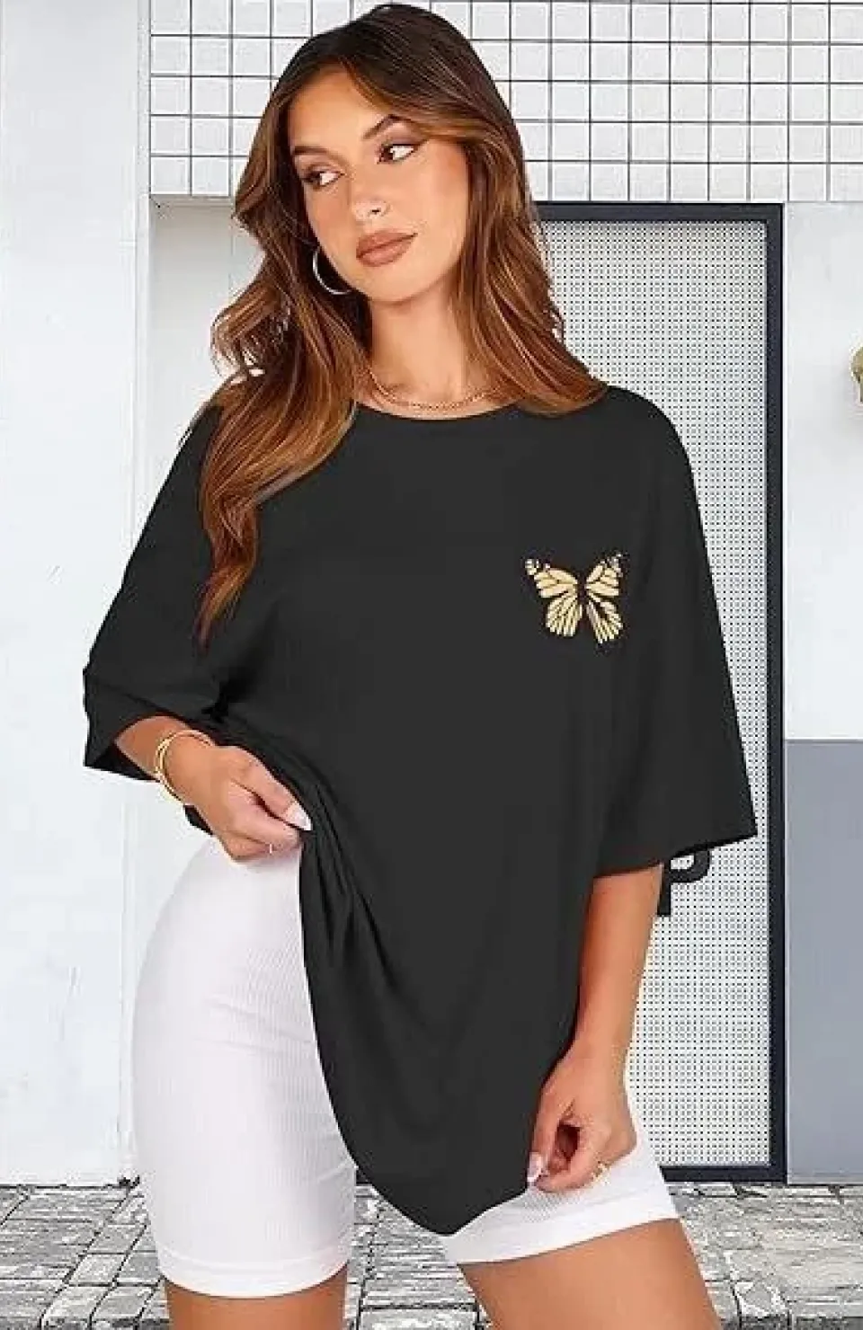 Kadın Bisiklet Yaka Baskılı T-shirt - Siyah