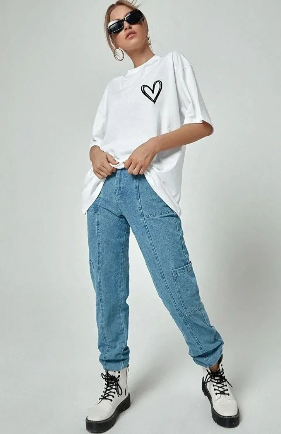 Unisex Baskılı Oversize T-Shirt - Beyaz