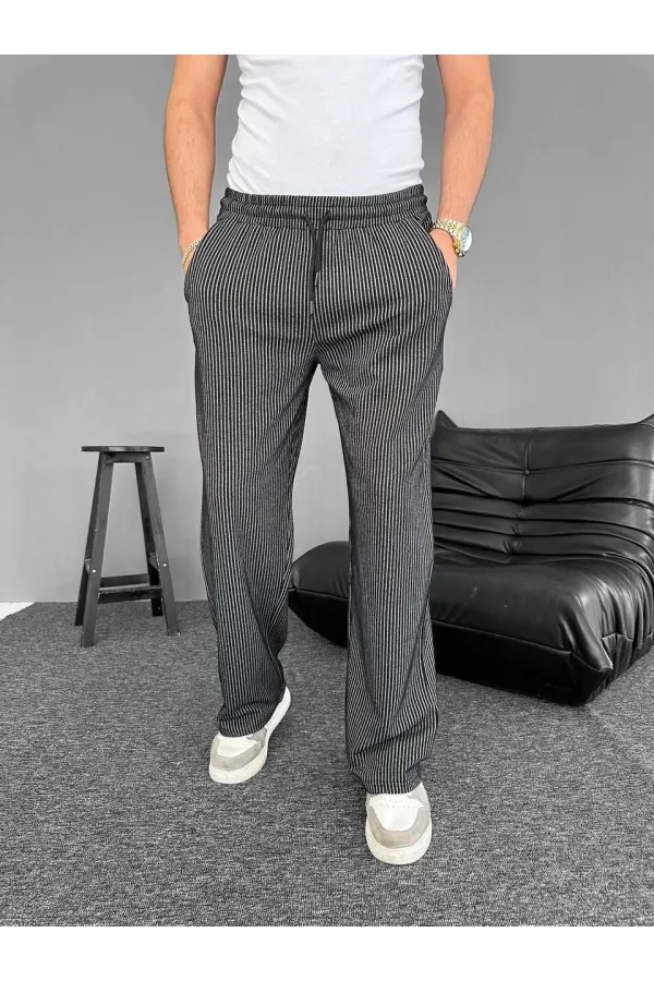 Su Yolu Çizgili Cepli Pantalon - Siyah