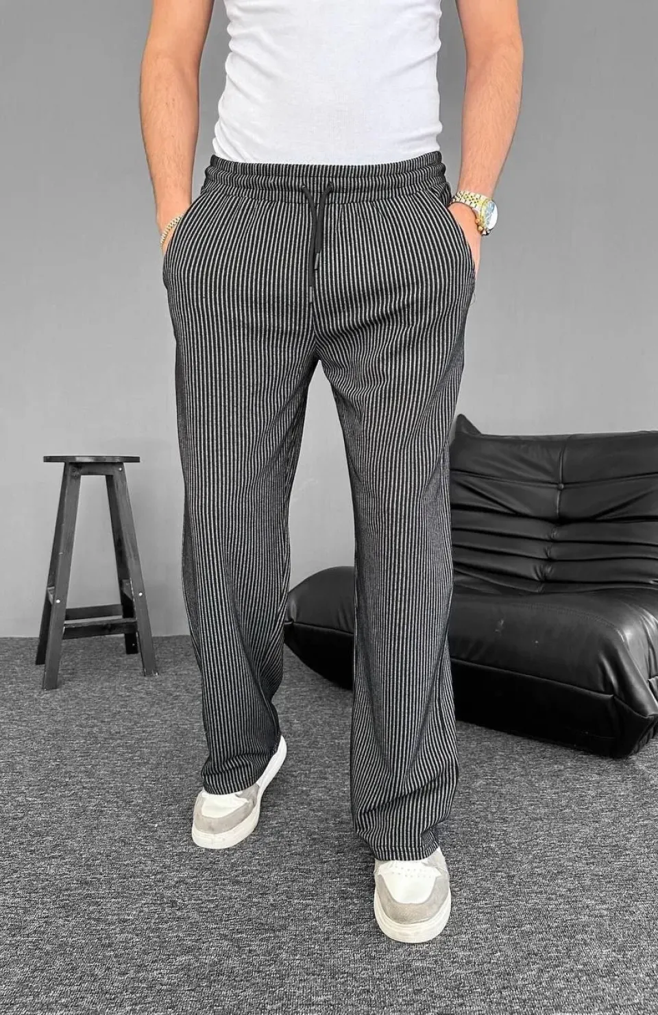 Su Yolu Çizgili Cepli Pantalon - Siyah