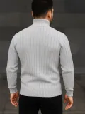Erkek Balıkcı Yaka Bağazlı Triko Kazak Pamuklu Kalın Fitilli Dokuma, Regular Fit Uzun Kollu Kışlık Model - Gri