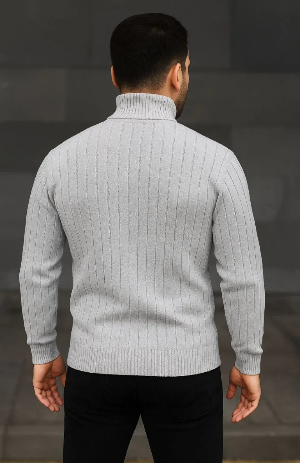 Erkek Balıkcı Yaka Bağazlı Triko Kazak Pamuklu Kalın Fitilli Dokuma, Regular Fit Uzun Kollu Kışlık Model - Gri