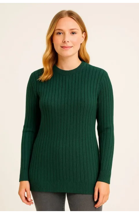 Kadın Bisiklet Yuvarlak Yaka Triko Kazak Pamuklu Kalın Fitilli Dokuma, Regular Fit Uzun Kollu Kışlık Model - Haki