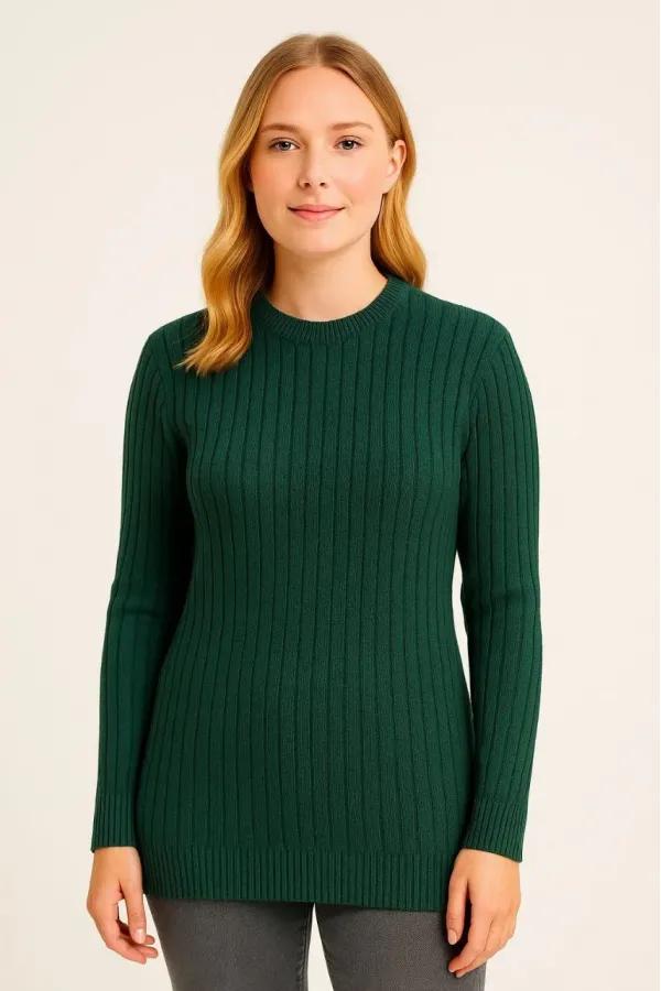 Kadın Bisiklet Yuvarlak Yaka Triko Kazak Pamuklu Kalın Fitilli Dokuma, Regular Fit Uzun Kollu Kışlık Model - Haki