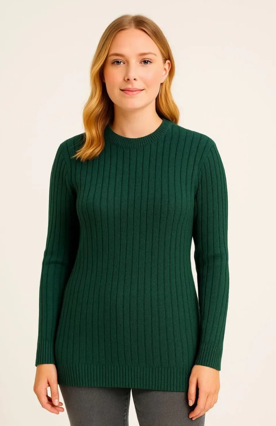 Kadın Bisiklet Yuvarlak Yaka Triko Kazak Pamuklu Kalın Fitilli Dokuma, Regular Fit Uzun Kollu Kışlık Model - Haki