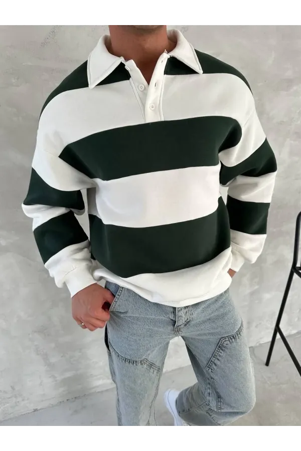 Unisex Üç İplik Parçalı Yakalı SweatShirt - Yeşil