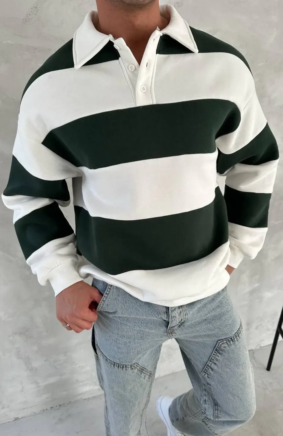 Unisex Üç İplik Parçalı Yakalı SweatShirt - Yeşil