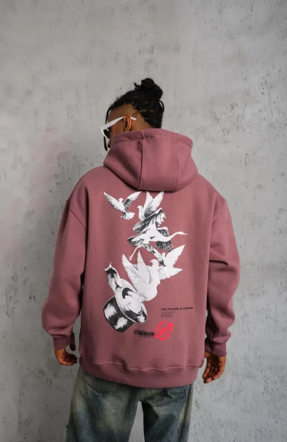 Erkek Şapkalı Güvercin Baskılı Kapşonlu Sweat - Gül Kurusu Somersan Giyim | Kadın, Erkek ve Çocuk Moda